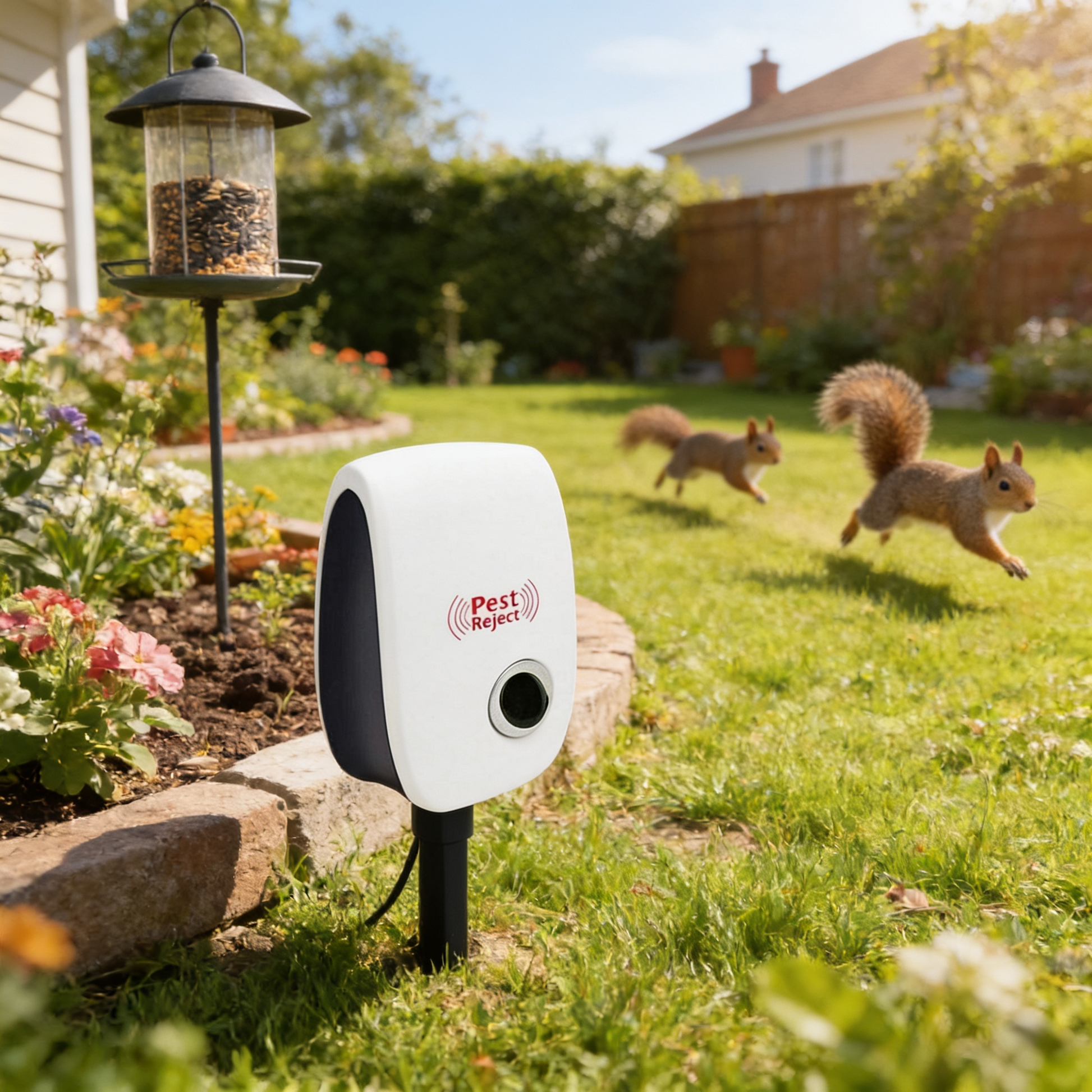 Ultrasonic squirrel repeller in garden - lifestyle