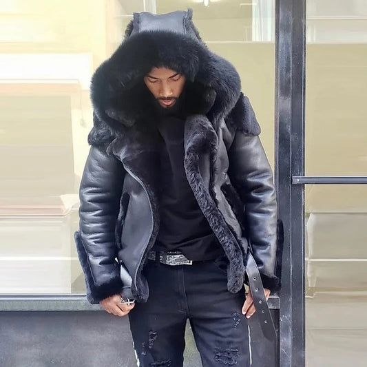 Men's Sheepskin Leather Jacket – Fur Hood Biker Coat, 4 Colors